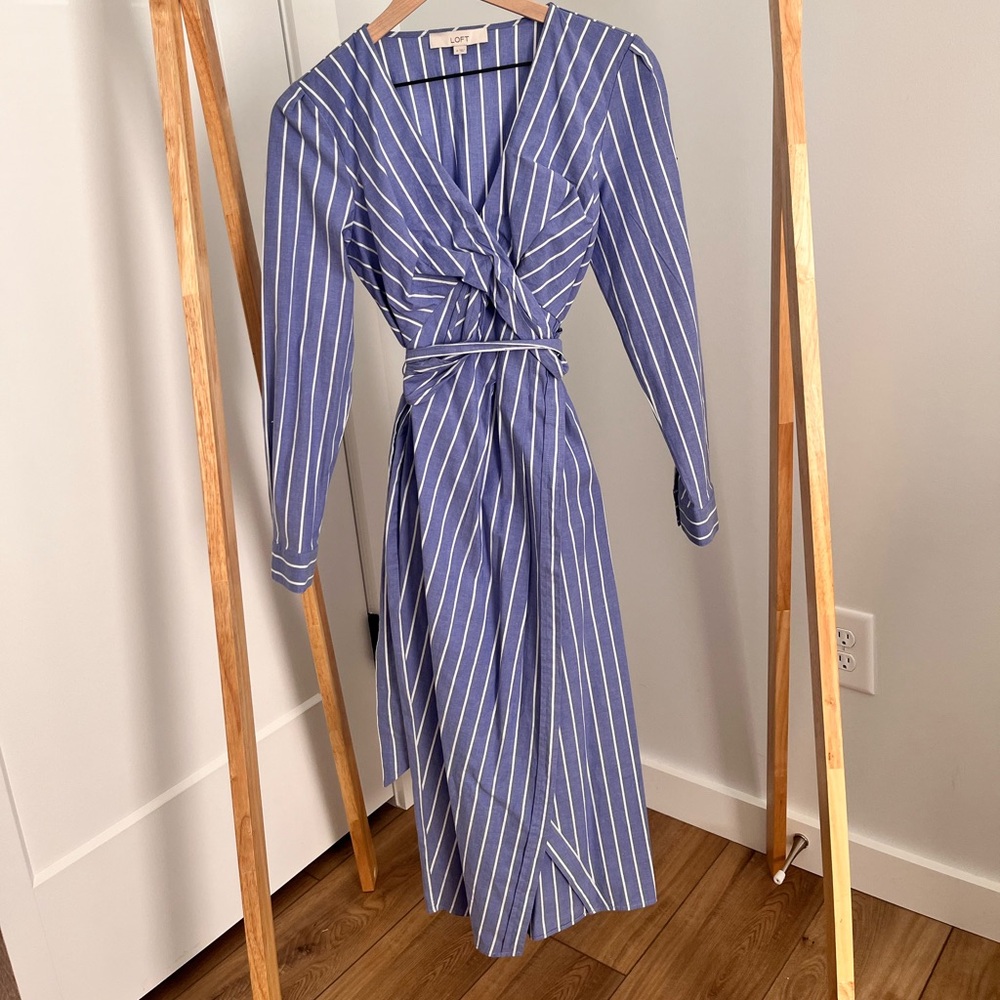 LOFT Long Sleeve Blue and White Striped Dress